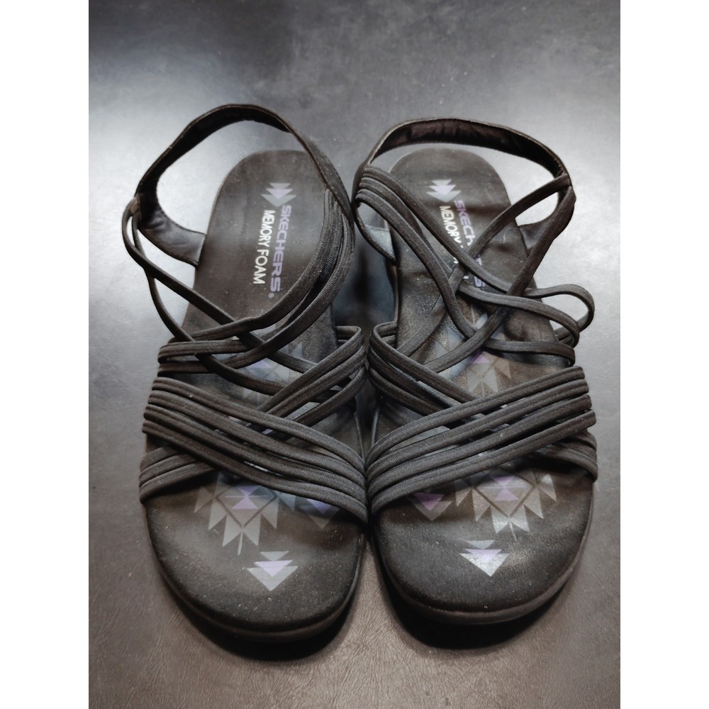 Skechers Reggae Slim Women 10 Simply Stretch Black Slip-On Sandals Memory Foam